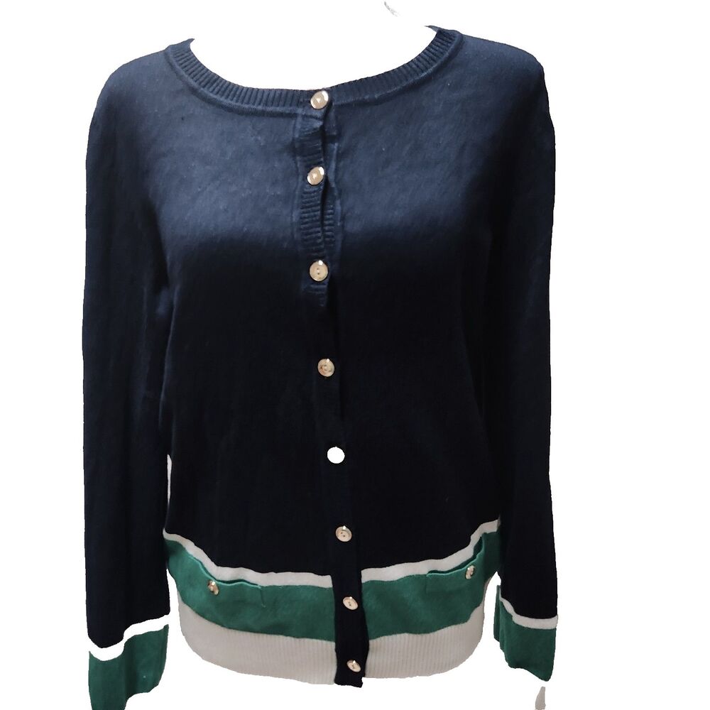 Debbie Morgan Navy White/Green Striped Cardigan Sweater Gold Button Women Medium